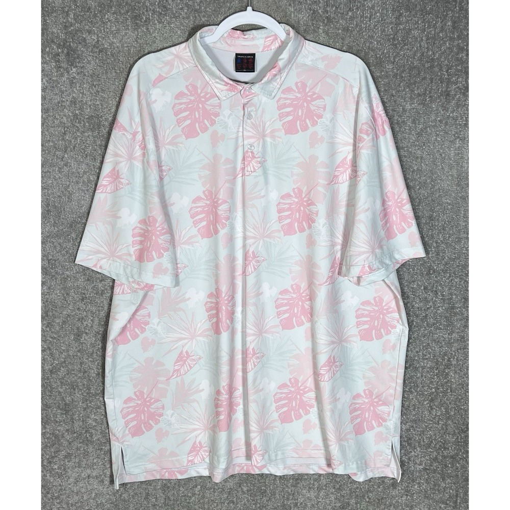 Tropical Bros Hawaiian Polo Shirt Mens Size 2XL Gray Pink Stretch Short Sleeve